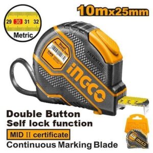 Flexómetro Profesional INGCO 10m x 25mm - Autobloqueo y Carcasa de Goma