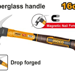 Martillo de Orejas Profesional INGCO 450g (16oz) - Soporte Magnético para Clavos